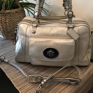 BODACIOUS silver leather Coach Carry on or Weekender bag with shoulder strap!